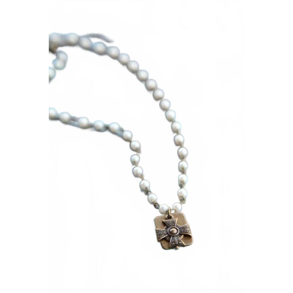 NEW PINK PANACHE women's pearl bead chain linked with mini iron cross necklace i